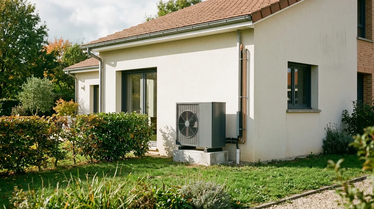 Pompe à chaleur installée contre la façade d'une maison neuve