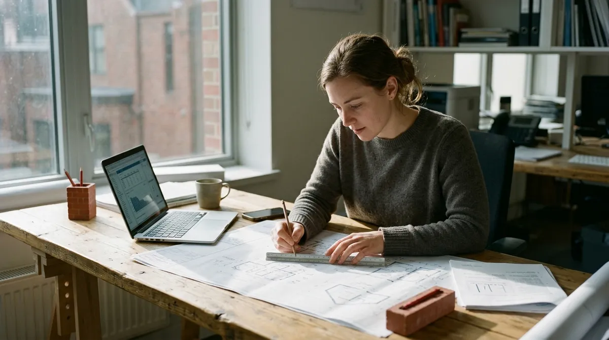 Ingénieure thermicienne travaillant sur les plans d'une maison neuve